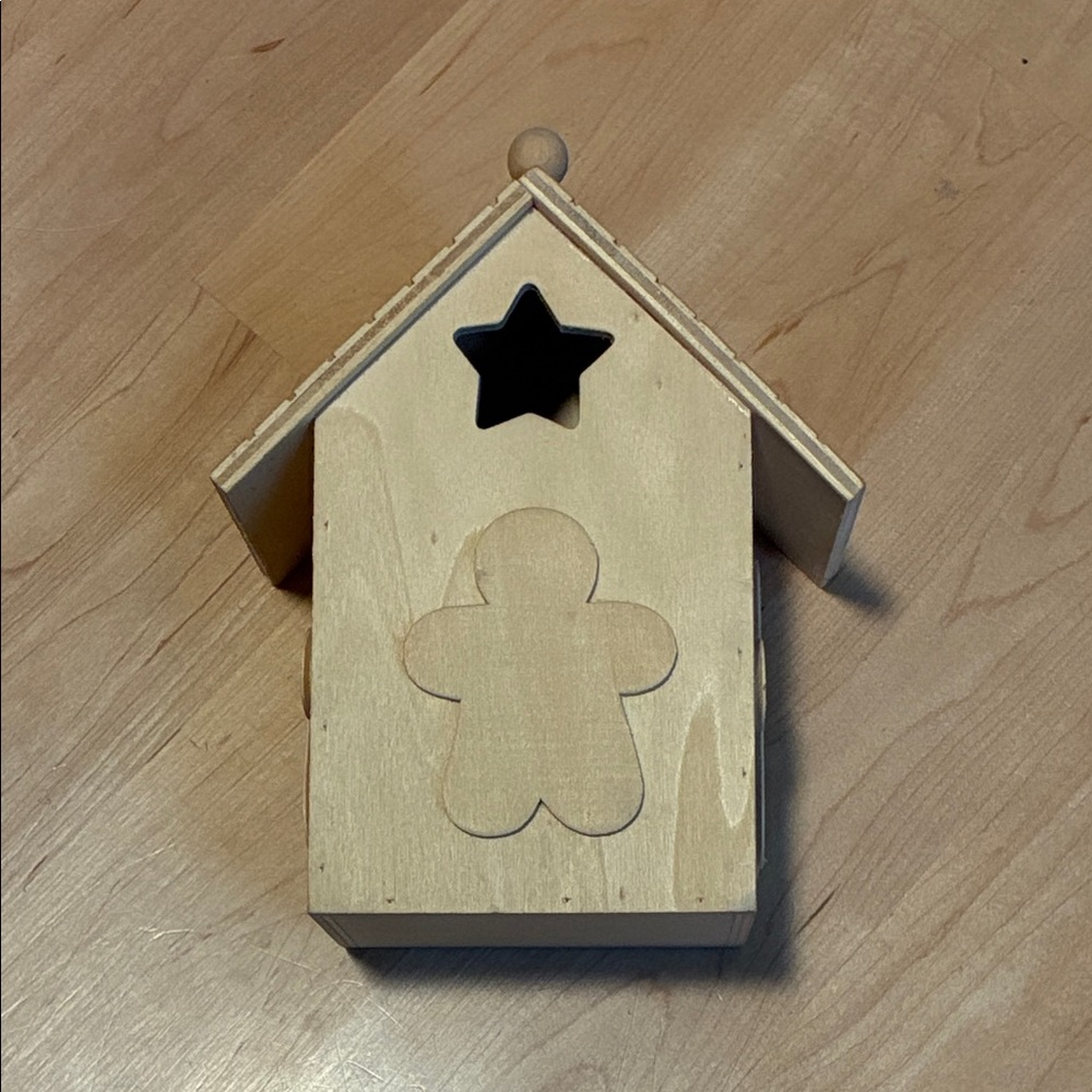Wooden Birdhouse with Star and Gingerbread Cutouts